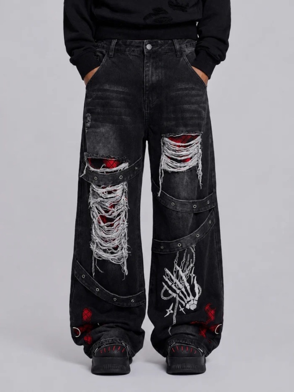 Y2K Black Distressed Skeleton Baggy Wide Leg Jeans L